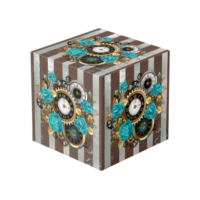 Steampunk Clock and Turquoise Roses on Striped Cube (Front Angled)