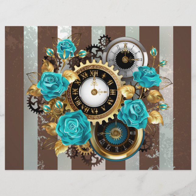 Steampunk Clock and Turquoise Roses on Striped Custom Letterhead (Front)