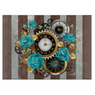 Steampunk Clock and Turquoise Roses on Striped Cutting Board