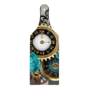 Steampunk Clock and Turquoise Roses on Striped Cutting Board