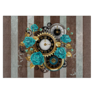Steampunk Clock and Turquoise Roses on Striped Cutting Board
