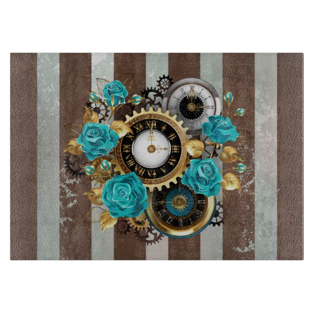 Steampunk Clock and Turquoise Roses on Striped Cutting Board (Front)