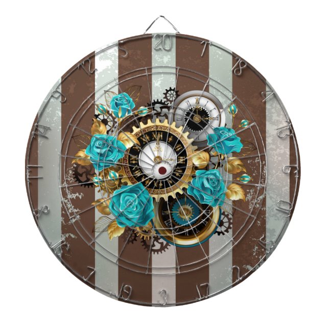 Steampunk Clock and Turquoise Roses on Striped Dartboard (Front)