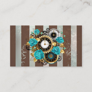 Steampunk Clock and Turquoise Roses on Striped Discount Card