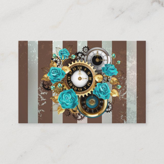 Steampunk Clock and Turquoise Roses on Striped Discount Card (Front)