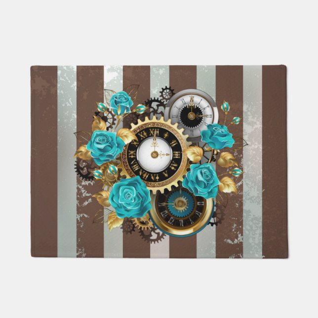Steampunk Clock and Turquoise Roses on Striped Doormat (Front)