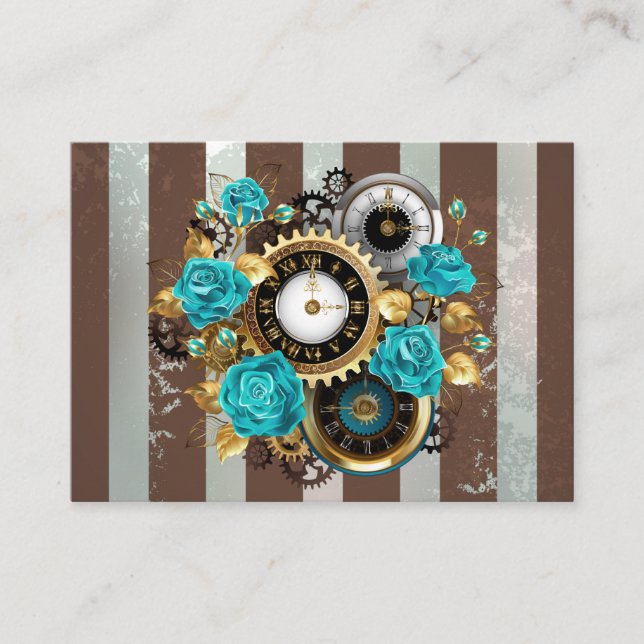 Steampunk Clock and Turquoise Roses on Striped Enclosure Card (Front)