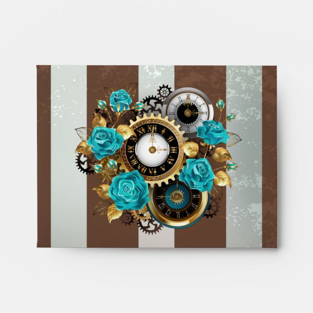 Steampunk Clock and Turquoise Roses on Striped Envelope (Front)
