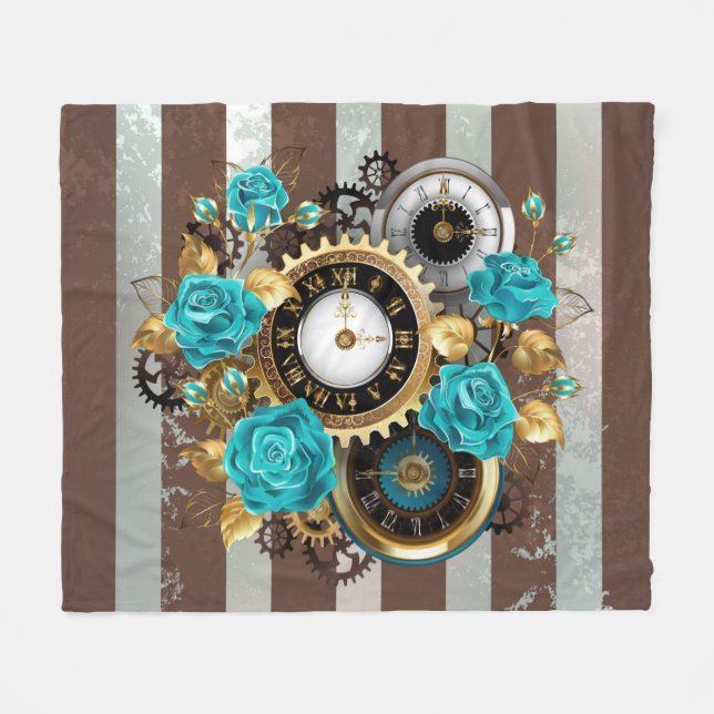 Steampunk Clock and Turquoise Roses on Striped Fleece Blanket (Front (Horizontal))