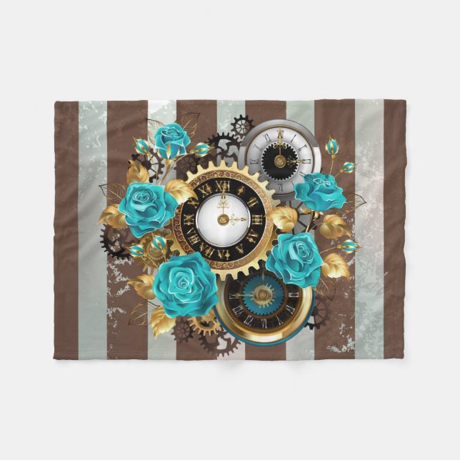 Steampunk Clock and Turquoise Roses on Striped Fleece Blanket (Front (Horizontal))