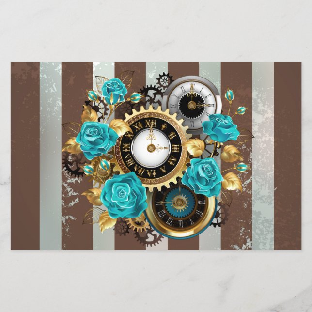 Steampunk Clock and Turquoise Roses on Striped Flyer (Front)