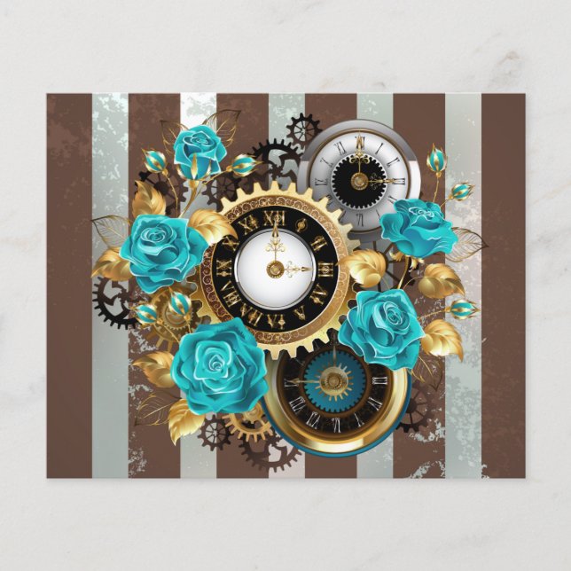 Steampunk Clock and Turquoise Roses on Striped Flyer (Front)