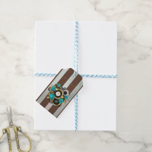 Steampunk Clock and Turquoise Roses on Striped Gift Tags