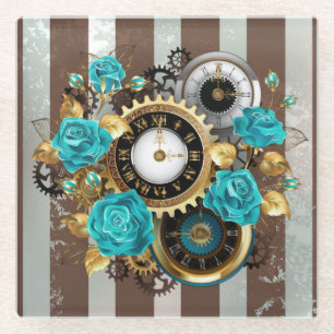 Steampunk Clock and Turquoise Roses on Striped Glass Coaster