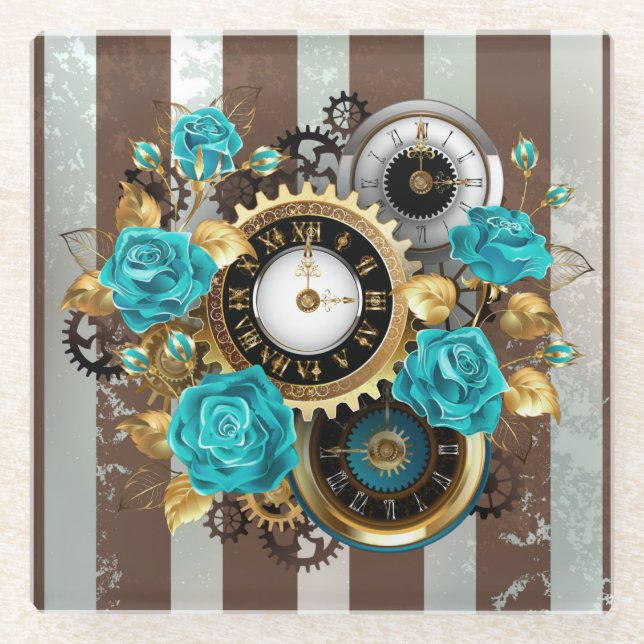 Steampunk Clock and Turquoise Roses on Striped Glass Coaster (Front)