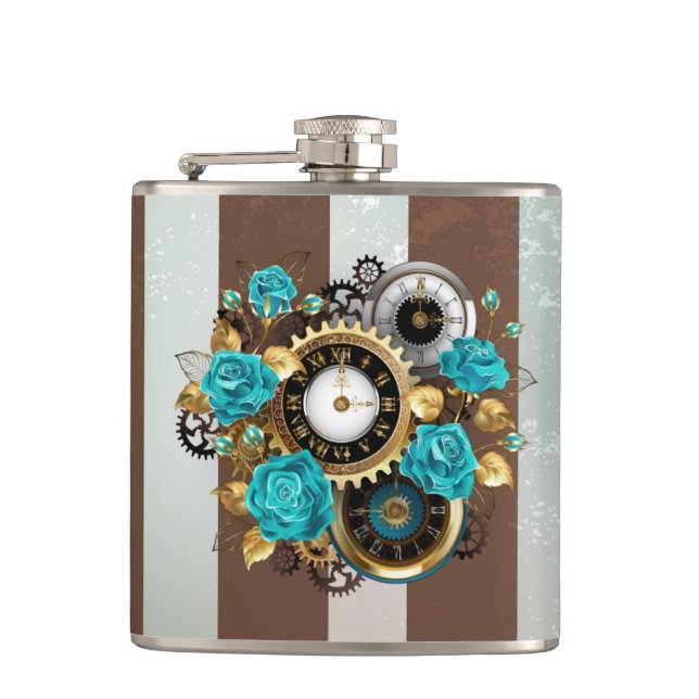 Steampunk Clock and Turquoise Roses on Striped Hip Flask (Front)