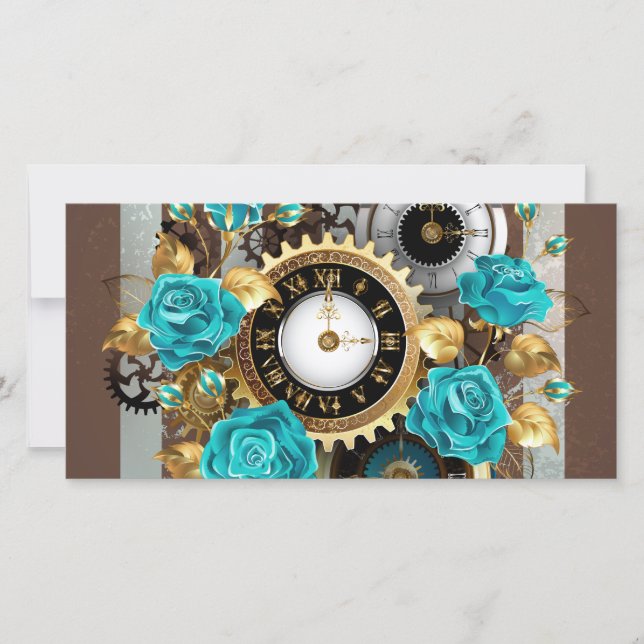 Steampunk Clock and Turquoise Roses on Striped Holiday Card (Front)