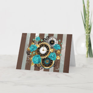 Steampunk Clock and Turquoise Roses on Striped Invitation