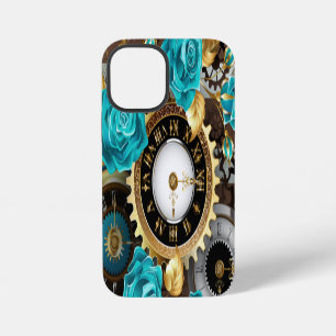 Steampunk Clock and Turquoise Roses on Striped iPhone 12 Mini Case