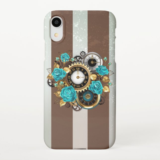 Steampunk Clock and Turquoise Roses on Striped iPhone Case (Back)