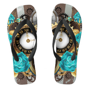 Steampunk Clock and Turquoise Roses on Striped Jandals