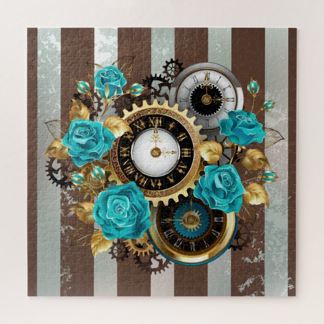 Steampunk Clock and Turquoise Roses on Striped Jigsaw Puzzle (Horizontal)