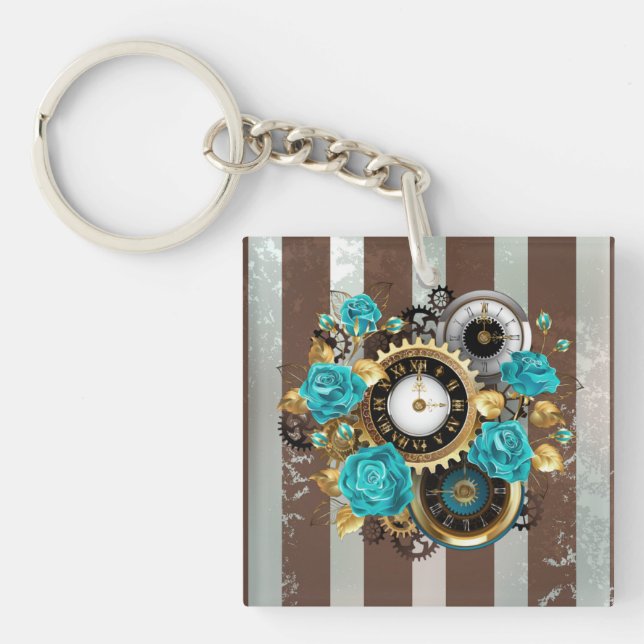 Steampunk Clock and Turquoise Roses on Striped Key Ring (Front)