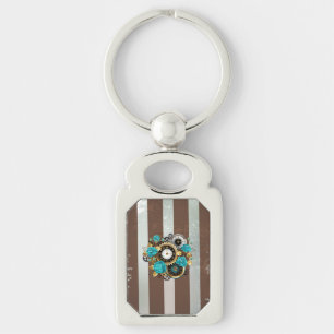 Steampunk Clock and Turquoise Roses on Striped Key Ring