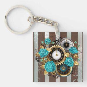 Steampunk Clock and Turquoise Roses on Striped Key Ring