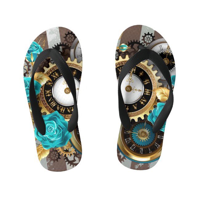 Steampunk Clock and Turquoise Roses on Striped Kid's Jandals (Footbed)