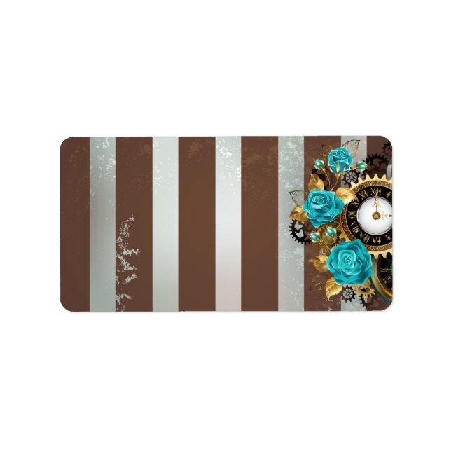 Steampunk Clock and Turquoise Roses on Striped Label (Front)