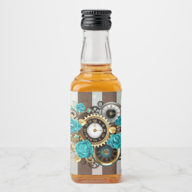 Steampunk Clock and Turquoise Roses on Striped Liquor Bottle Label (Front)