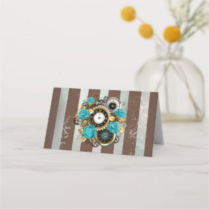 Steampunk Clock and Turquoise Roses on Striped Loyalty Card