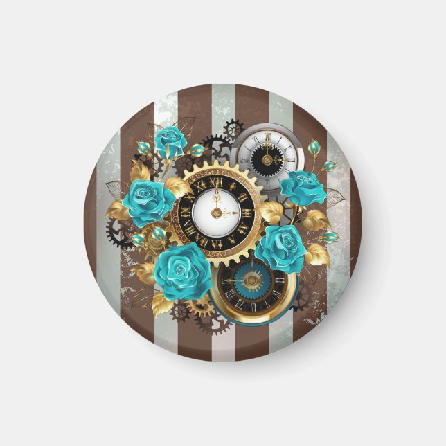 Steampunk Clock and Turquoise Roses on Striped Magnet (Front)