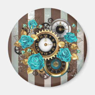 Steampunk Clock and Turquoise Roses on Striped Magnet