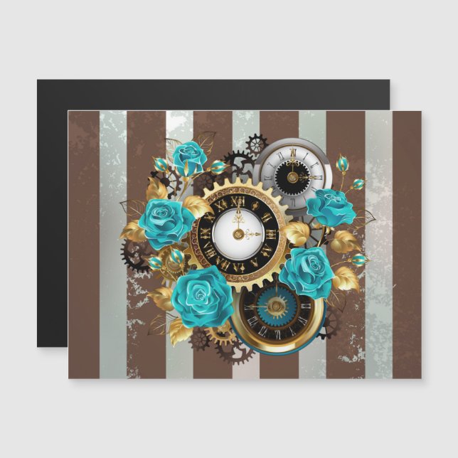 Steampunk Clock and Turquoise Roses on Striped Magnetic Invitation (Front/Back)