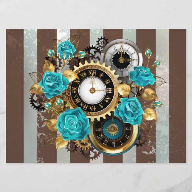 Steampunk Clock and Turquoise Roses on Striped Menu (Front)