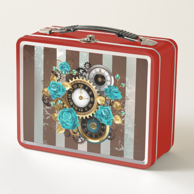 Steampunk Clock and Turquoise Roses on Striped Metal Lunch Box (Front)