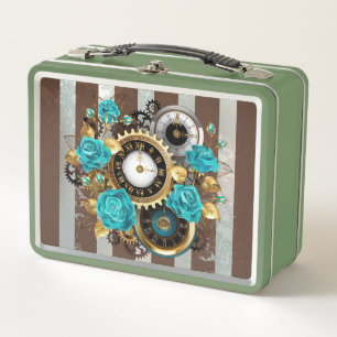 Steampunk Clock and Turquoise Roses on Striped Metal Lunch Box