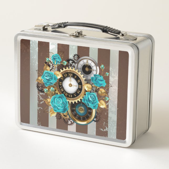 Steampunk Clock and Turquoise Roses on Striped Metal Lunch Box (Front)