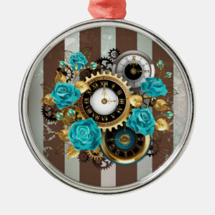 Steampunk Clock and Turquoise Roses on Striped Metal Tree Decoration