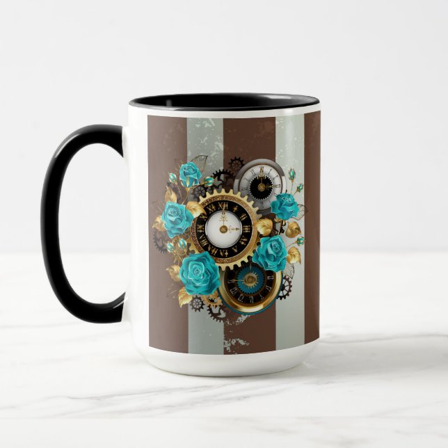 Steampunk Clock and Turquoise Roses on Striped Mug (Left)