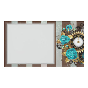 Steampunk Clock and Turquoise Roses on Striped Name Tag