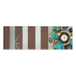 Steampunk Clock and Turquoise Roses on Striped Name Tag