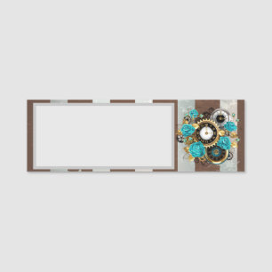 Steampunk Clock and Turquoise Roses on Striped Name Tag