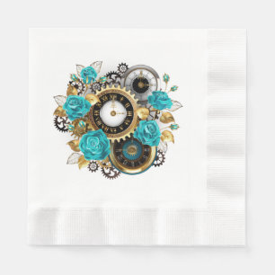 Steampunk Clock and Turquoise Roses on Striped Napkin