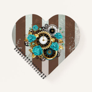Steampunk Clock and Turquoise Roses on Striped Notebook