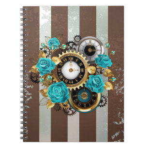 Steampunk Clock and Turquoise Roses on Striped Notebook