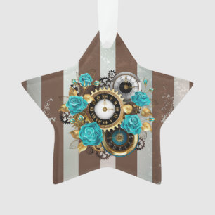 Steampunk Clock and Turquoise Roses on Striped Ornament