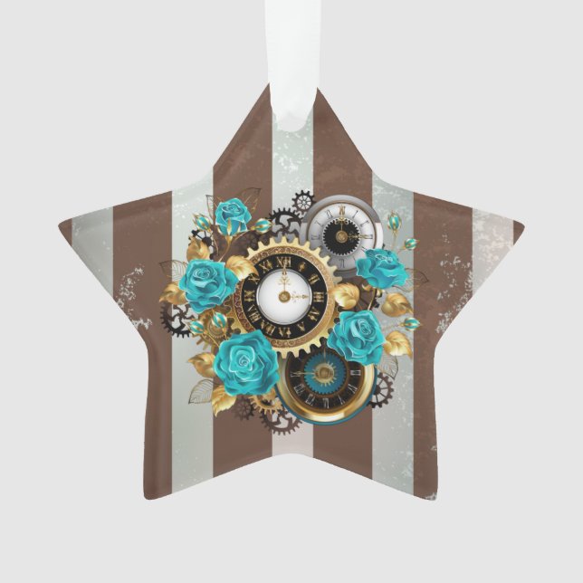 Steampunk Clock and Turquoise Roses on Striped Ornament (Front)